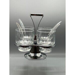 Vtg Chrome & Teak Lazy Susan Carousel Condiment Server w/ 4 Glass Bowls & Spoons